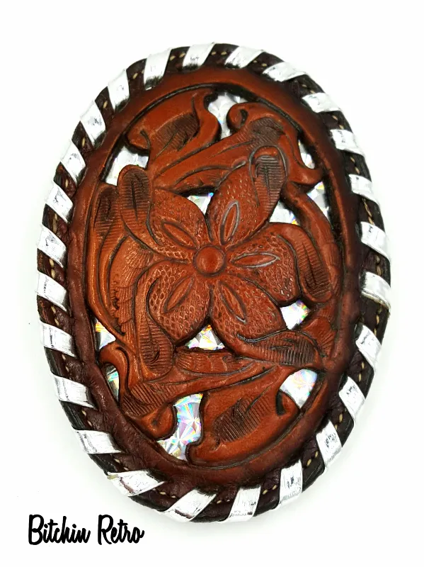 Tony Lama Vintage Leather Belt Buckle With Silver Prismatic Details
