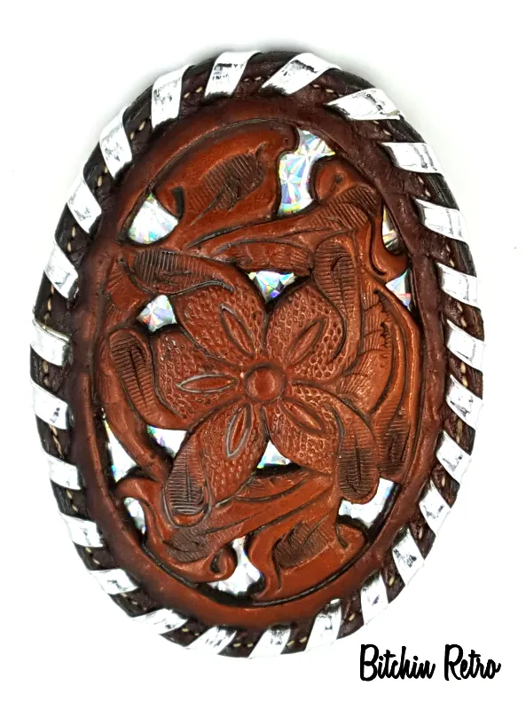 Tony Lama Vintage Leather Belt Buckle With Silver Prismatic Details