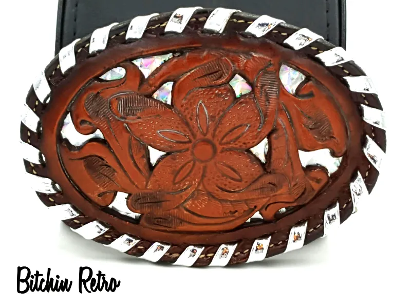 Tony Lama Vintage Leather Belt Buckle With Silver Prismatic Details