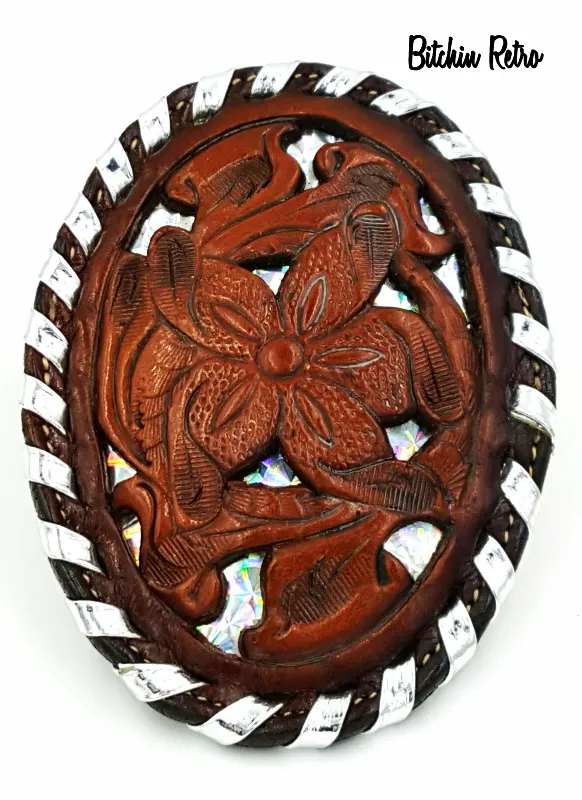 Tony Lama Vintage Leather Belt Buckle With Silver Prismatic Details