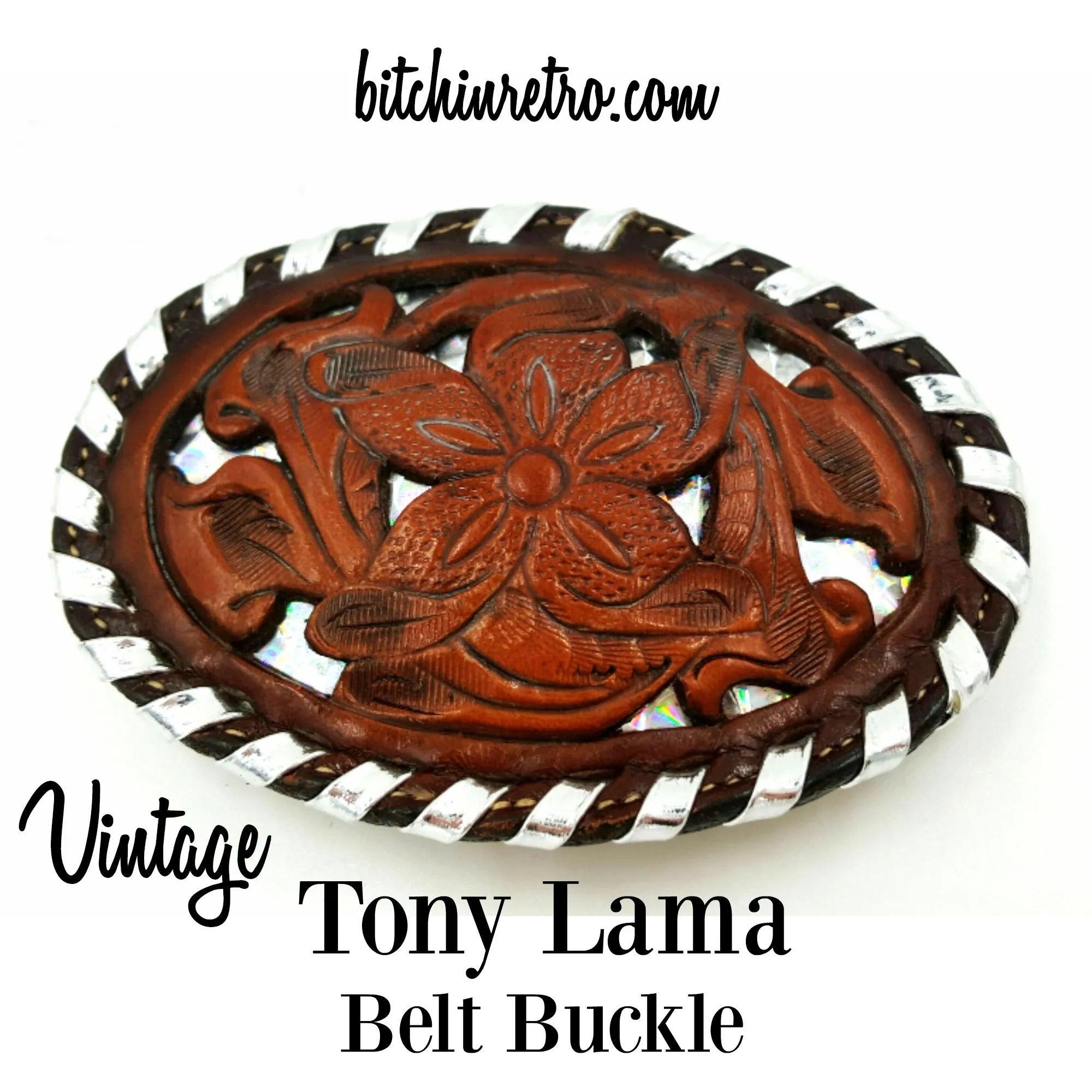 Tony Lama Vintage Leather Belt Buckle With Silver Prismatic Details