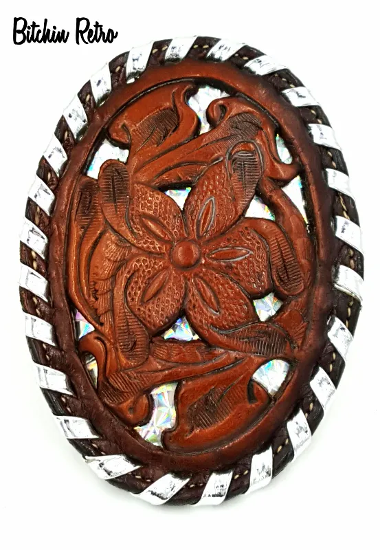 Tony Lama Vintage Leather Belt Buckle With Silver Prismatic Details