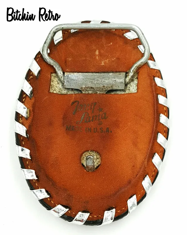 Tony Lama Vintage Leather Belt Buckle With Silver Prismatic Details