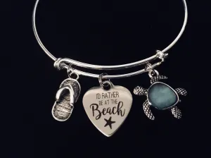 Turtle Flip Flop I'd Rather Be At The Beach Expandable Charm Bracelet Adjustable Bracelet Ocean Nautical Vacation Gift