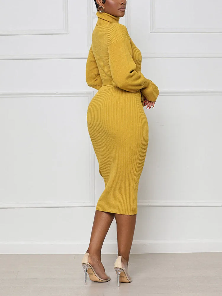 Turtleneck Knit Tie Waist Midi Dresses