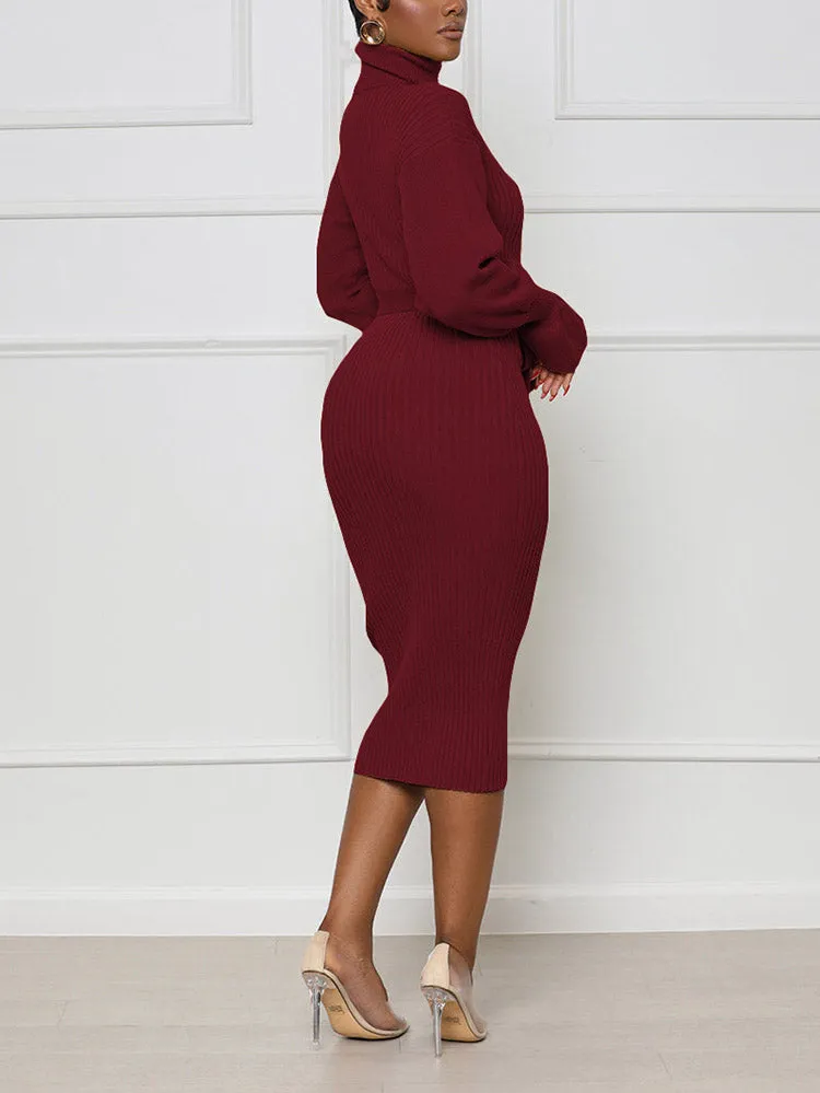 Turtleneck Knit Tie Waist Midi Dresses