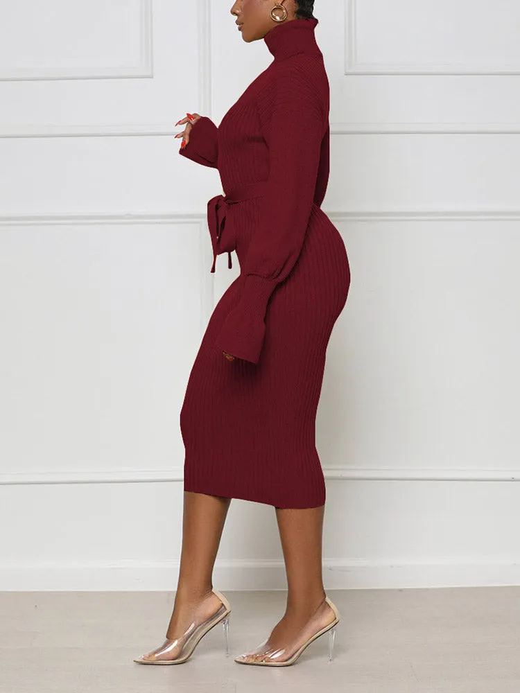 Turtleneck Knit Tie Waist Midi Dresses