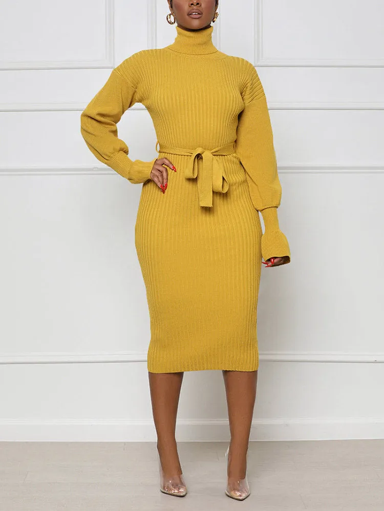 Turtleneck Knit Tie Waist Midi Dresses