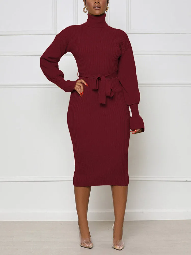 Turtleneck Knit Tie Waist Midi Dresses