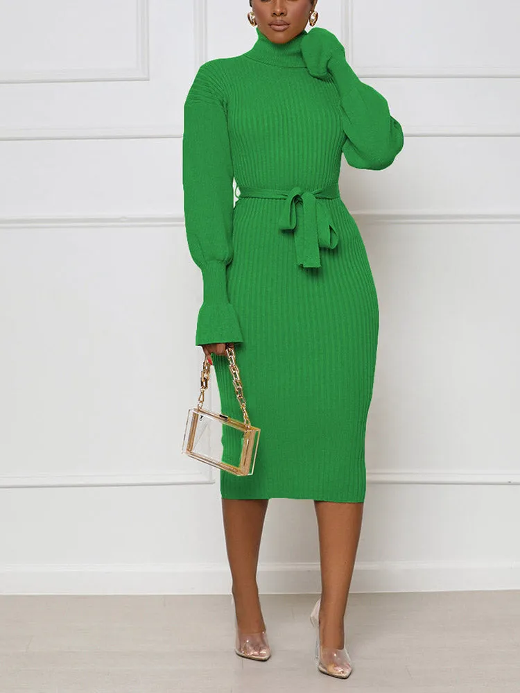 Turtleneck Knit Tie Waist Midi Dresses
