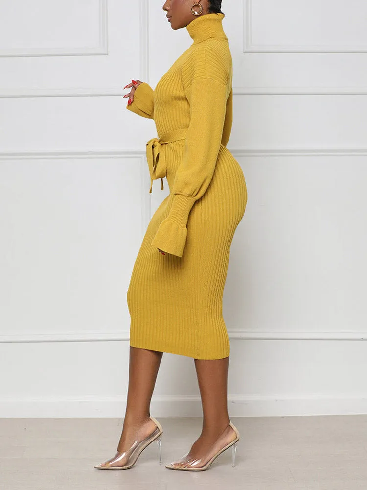 Turtleneck Knit Tie Waist Midi Dresses