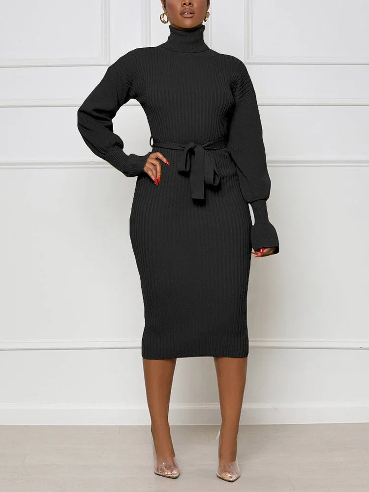 Turtleneck Knit Tie Waist Midi Dresses
