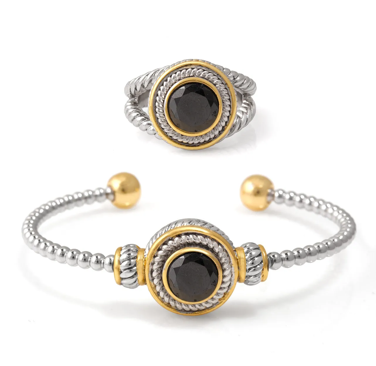 TWO TONE BLACK CRYSTAL CUFF BRACELET AND RING SET #JJSET-1963BLK (AB23)