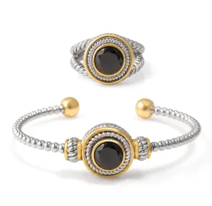 TWO TONE BLACK CRYSTAL CUFF BRACELET AND RING SET #JJSET-1963BLK (AB23)