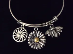 Two Toned Daisy Bee Sun Charm Adjustable Expandable Bangle Bracelet Silver Wire Bangle Stacking Bangle Trendy Gift Sunshine