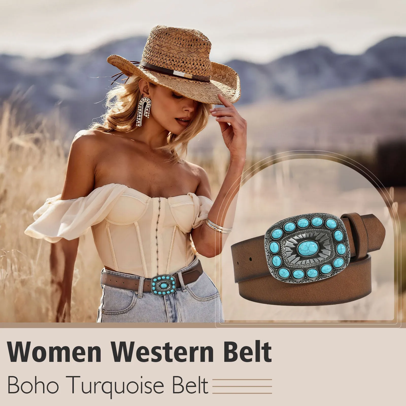 Unisex Western Cowboy Cowgirl Style Boho Turquoise Faux PU Leather Belt