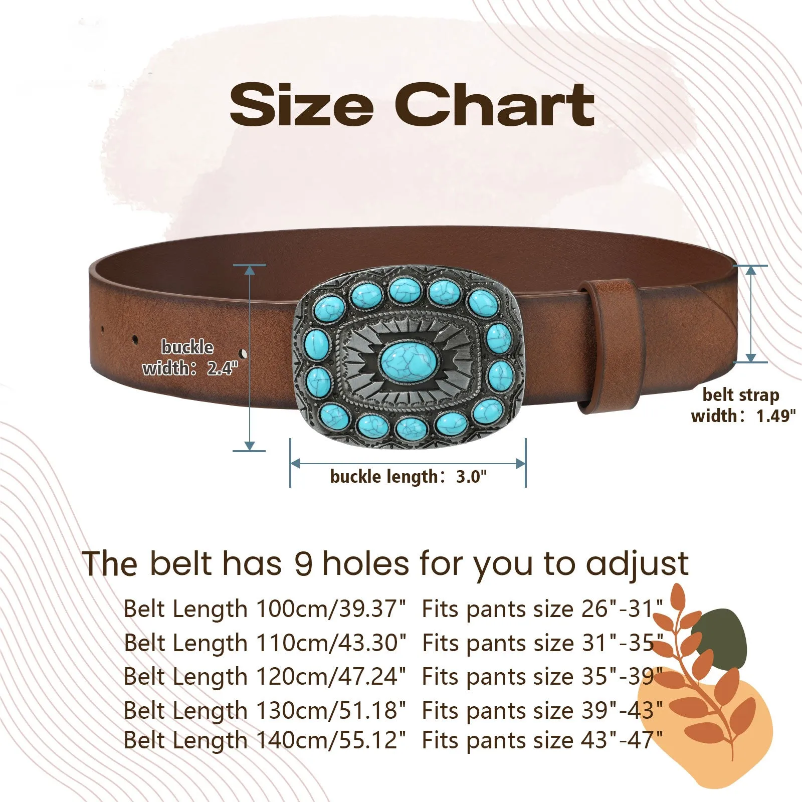 Unisex Western Cowboy Cowgirl Style Boho Turquoise Faux PU Leather Belt