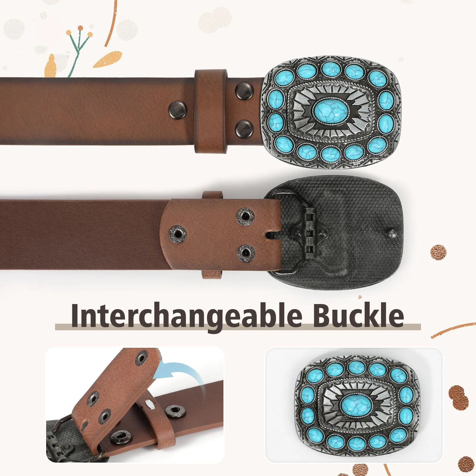 Unisex Western Cowboy Cowgirl Style Boho Turquoise Faux PU Leather Belt