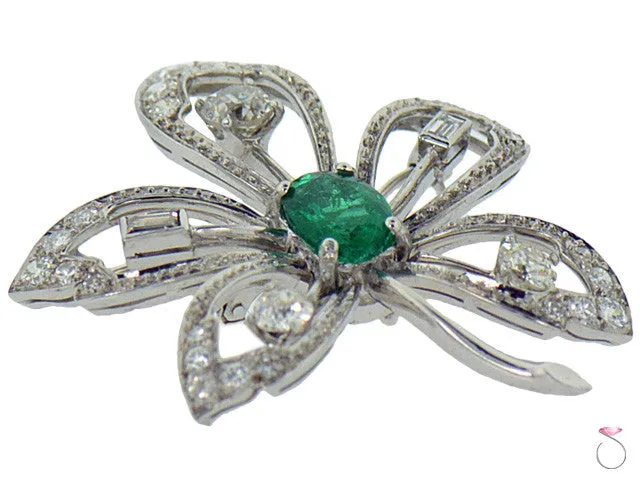 Victorian 2.10ct Emerald 1.75ctw Diamond Flower Brooch in Platinum