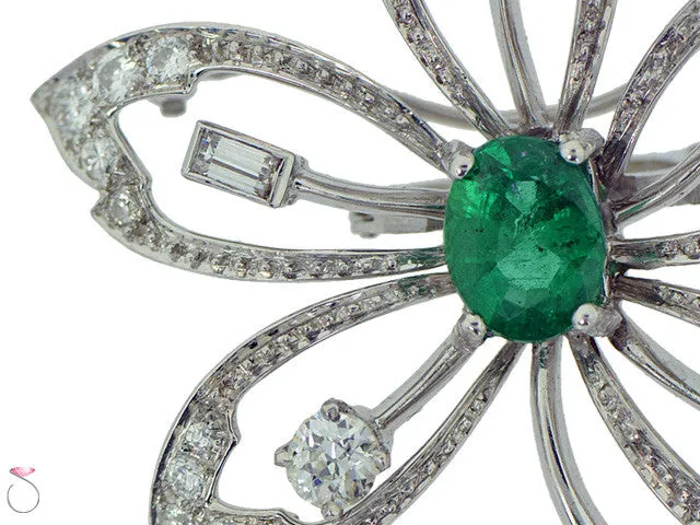 Victorian 2.10ct Emerald 1.75ctw Diamond Flower Brooch in Platinum