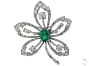 Victorian 2.10ct Emerald 1.75ctw Diamond Flower Brooch in Platinum
