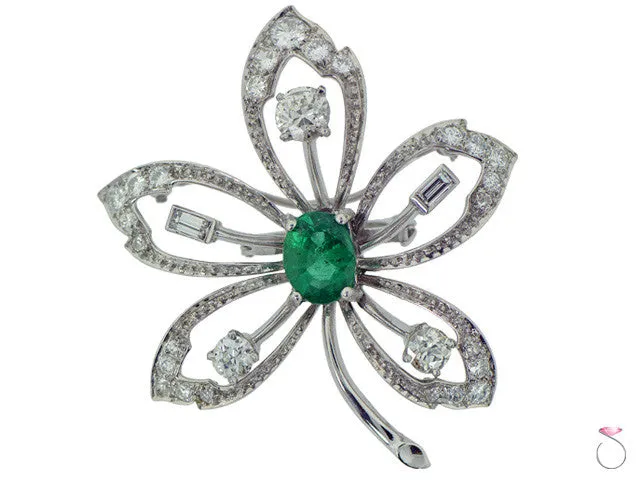 Victorian 2.10ct Emerald 1.75ctw Diamond Flower Brooch in Platinum