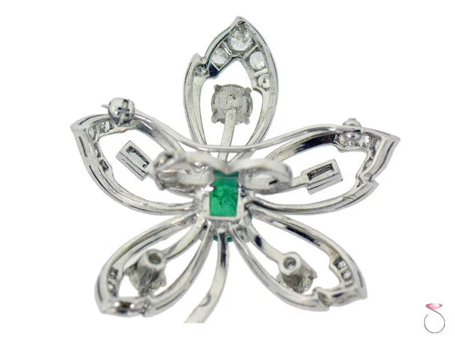 Victorian 2.10ct Emerald 1.75ctw Diamond Flower Brooch in Platinum