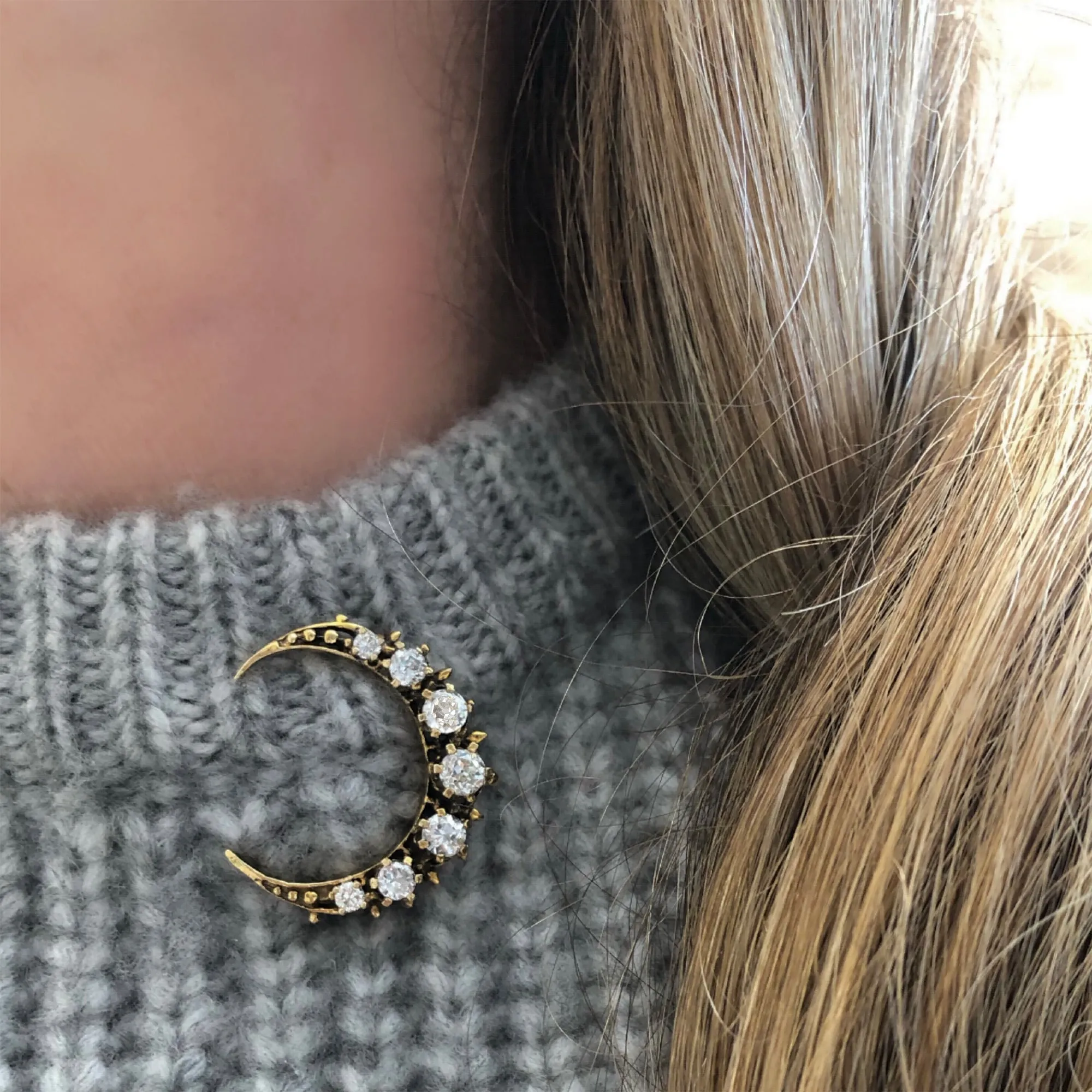 Victorian Diamond Crescent Brooch in 14 Karat Gold