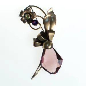 Vintage 1940s Spray Style Large Amethyst Crystal Gold Filled over Sterling Silver Flower Brooch, Purple Rhinestones