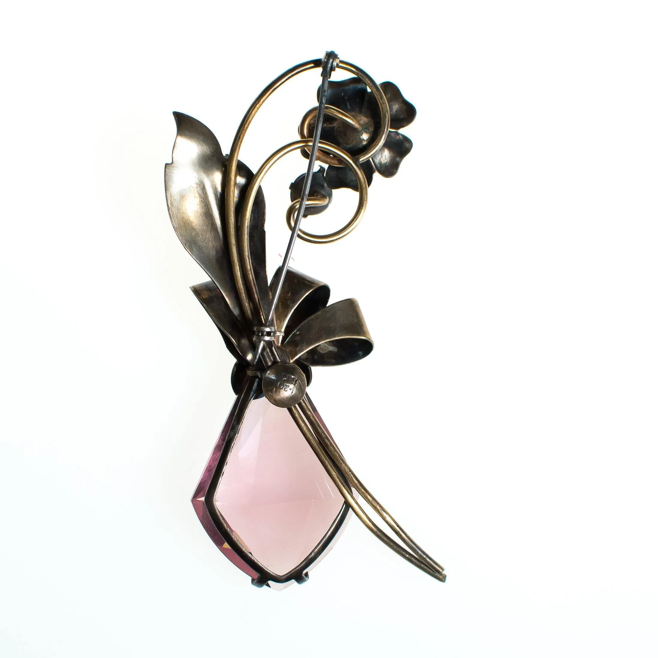 Vintage 1940s Spray Style Large Amethyst Crystal Gold Filled over Sterling Silver Flower Brooch, Purple Rhinestones