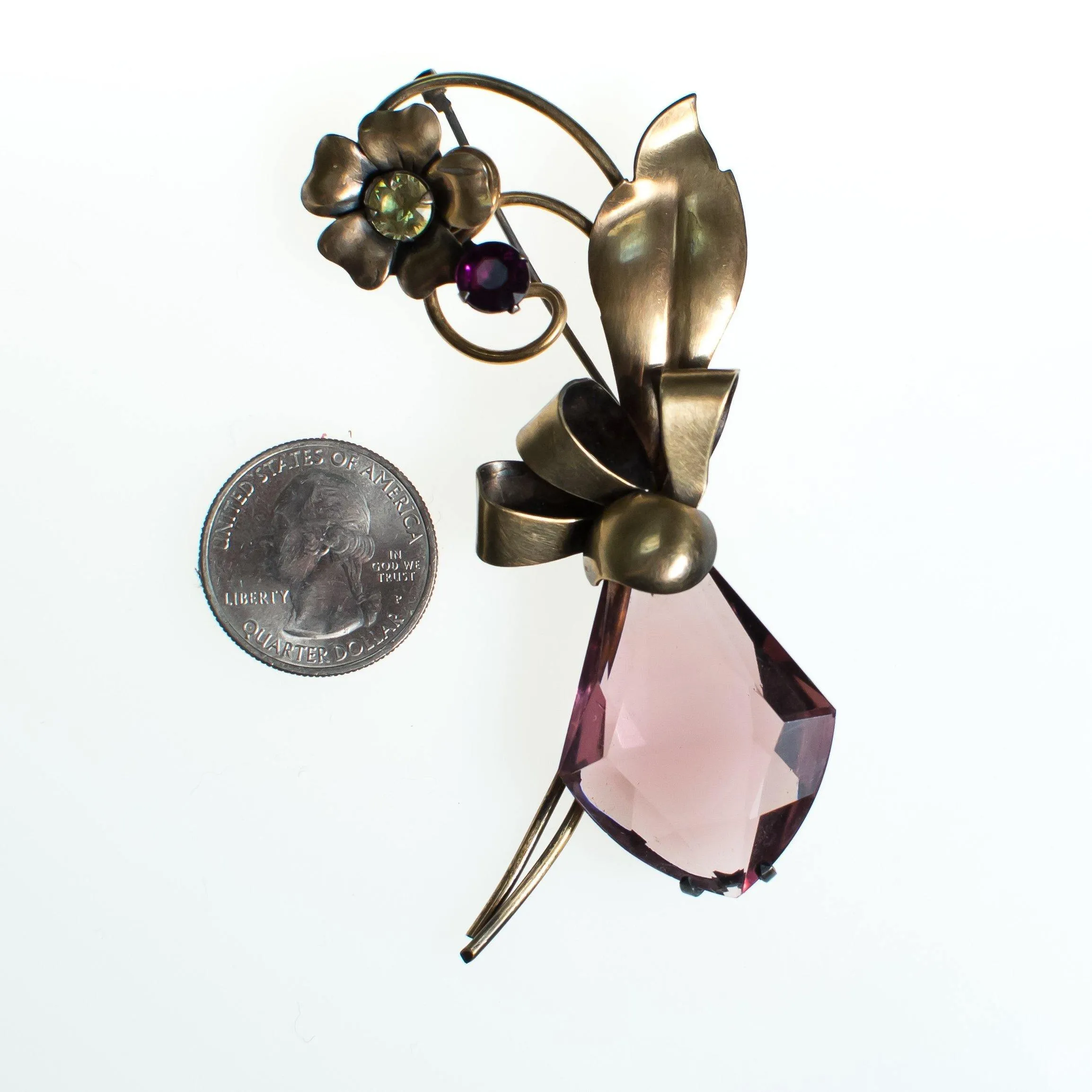 Vintage 1940s Spray Style Large Amethyst Crystal Gold Filled over Sterling Silver Flower Brooch, Purple Rhinestones