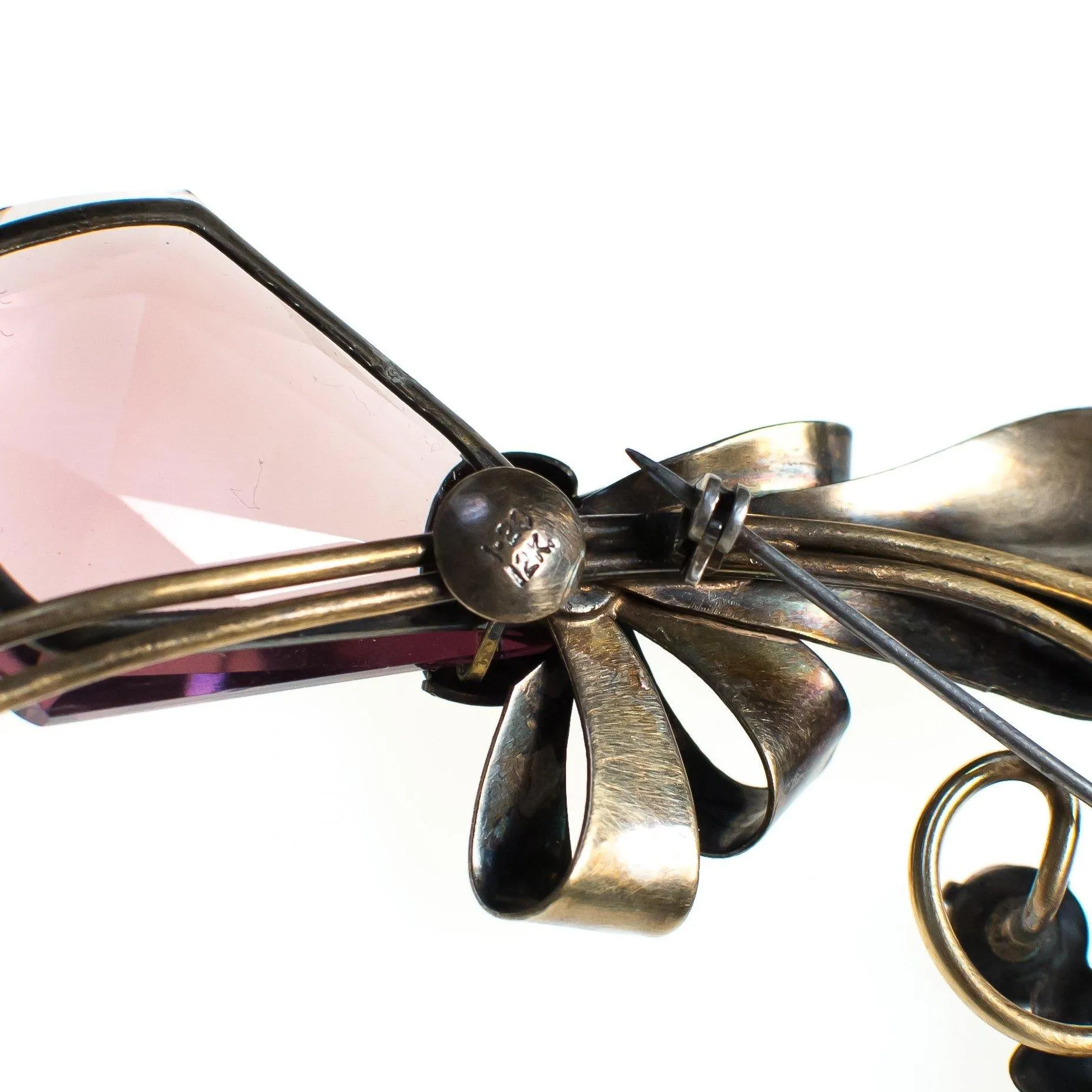 Vintage 1940s Spray Style Large Amethyst Crystal Gold Filled over Sterling Silver Flower Brooch, Purple Rhinestones