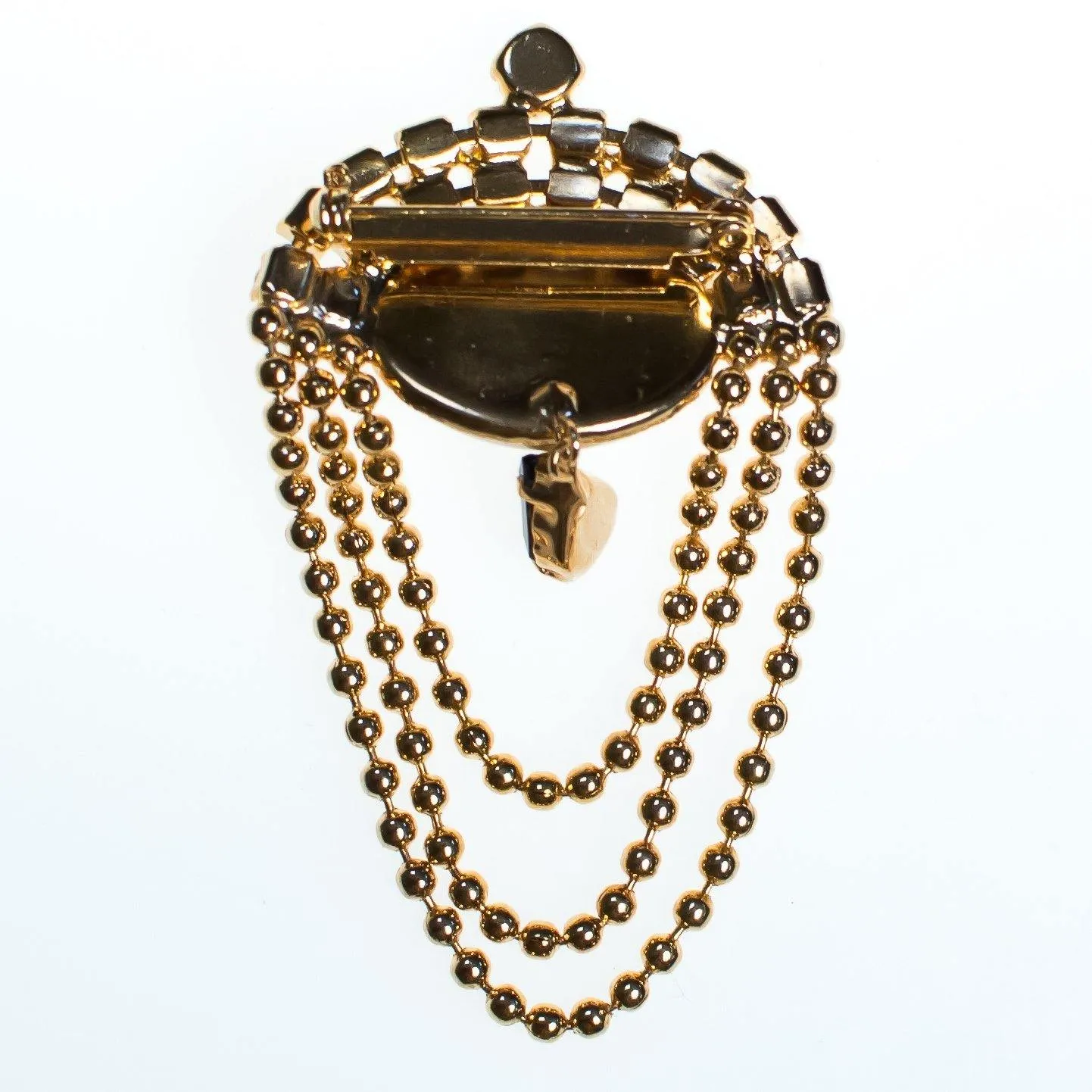 Vintage 1960s Iridescent Pearl Jet Crystal and Swag Chain Brooch, Faux Pearl, Diamante Crystals, Black Rhinestones, Gold Tone Bead Dangle