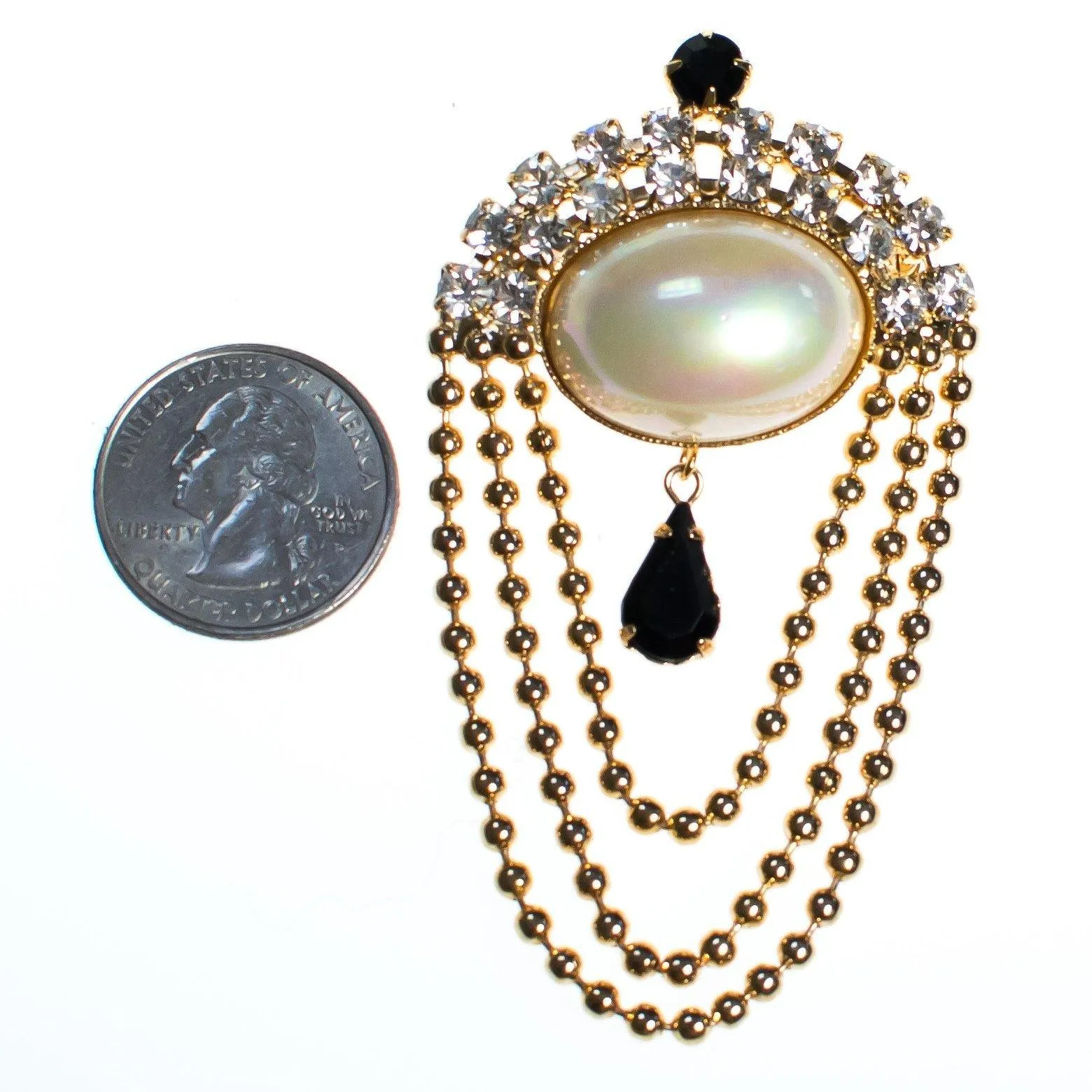 Vintage 1960s Iridescent Pearl Jet Crystal and Swag Chain Brooch, Faux Pearl, Diamante Crystals, Black Rhinestones, Gold Tone Bead Dangle