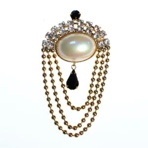 Vintage 1960s Iridescent Pearl Jet Crystal and Swag Chain Brooch, Faux Pearl, Diamante Crystals, Black Rhinestones, Gold Tone Bead Dangle