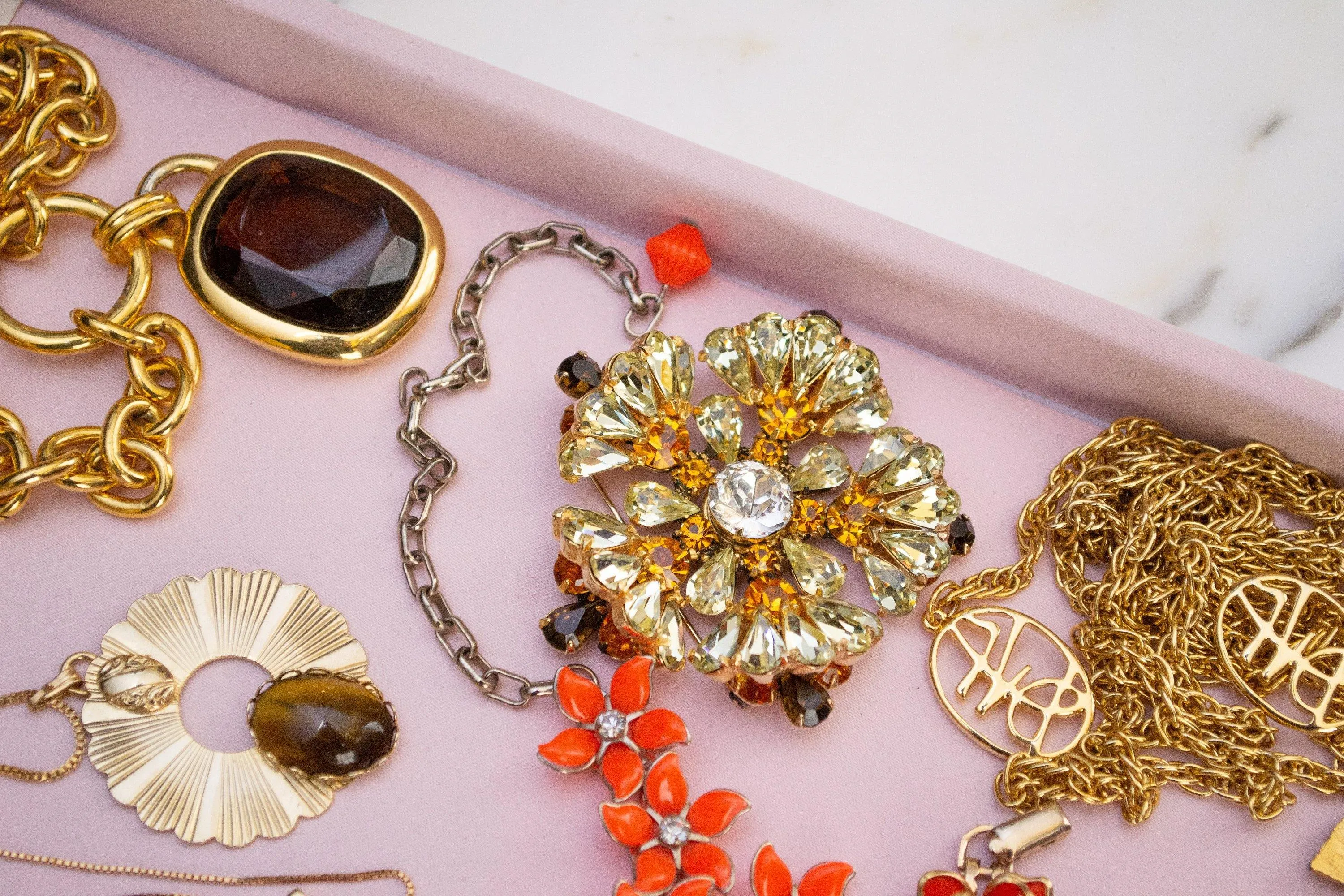Vintage Amber Citrine Smokey Topaz and Diamante Rhinestone Pinwheel Brooch