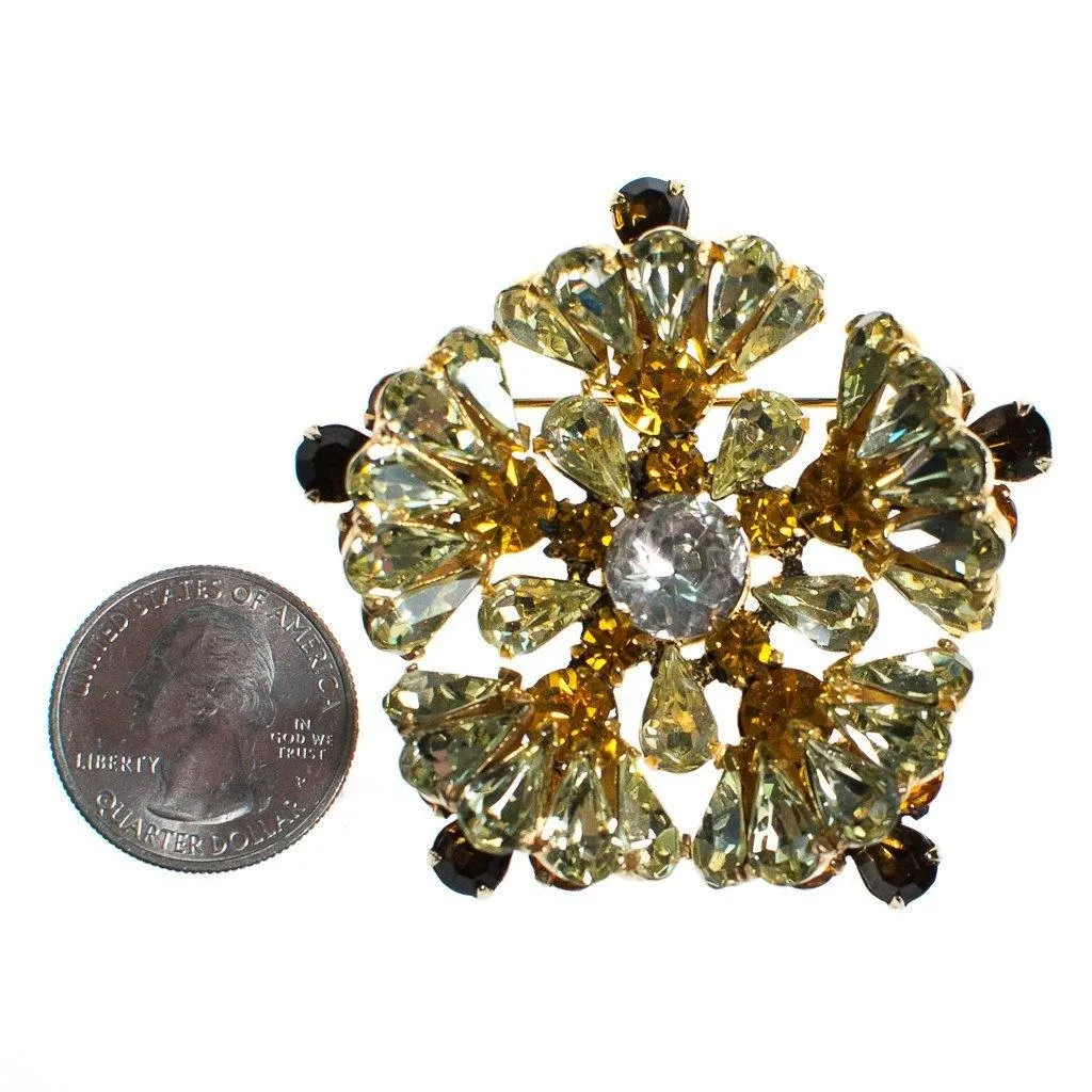 Vintage Amber Citrine Smokey Topaz and Diamante Rhinestone Pinwheel Brooch