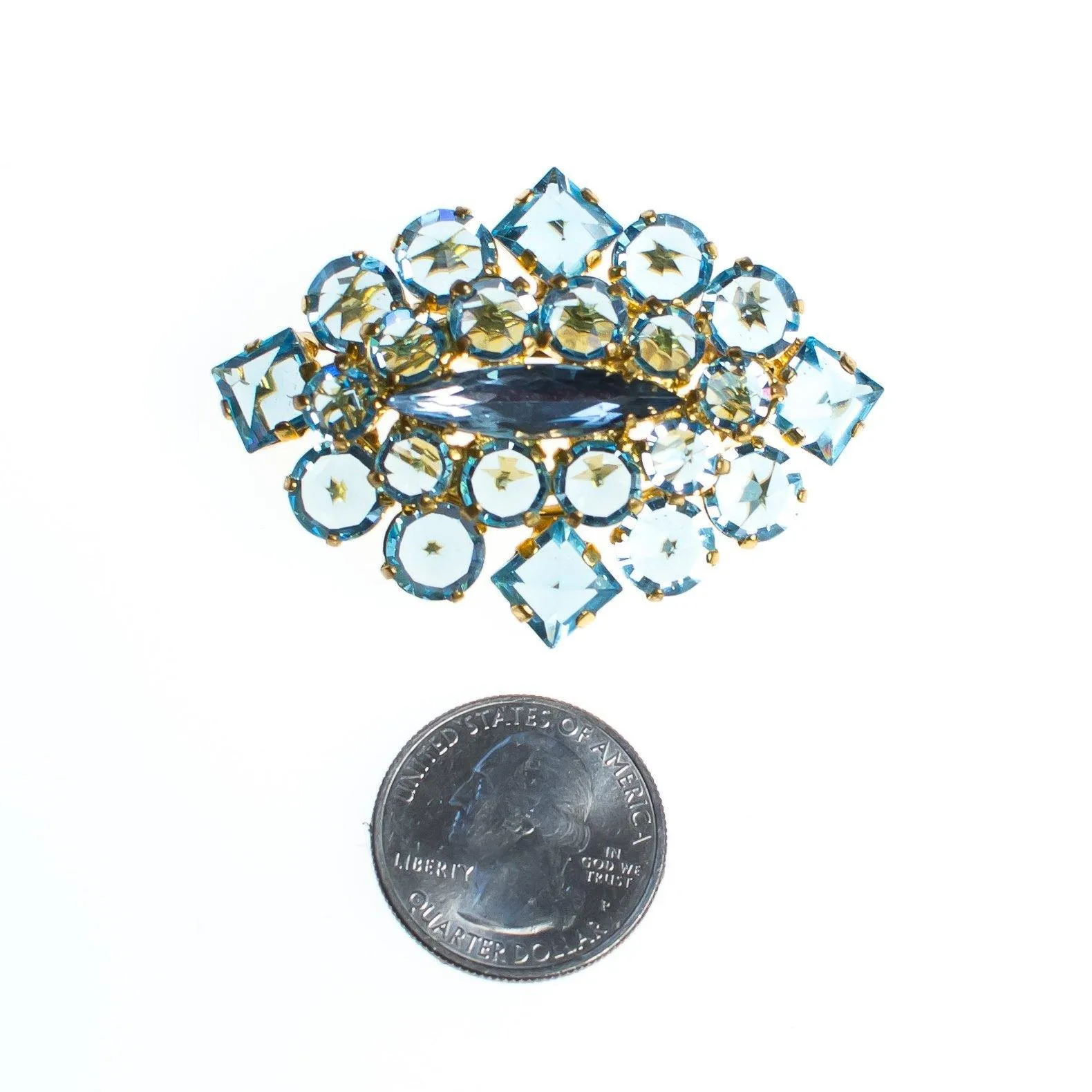 Vintage Austrian Brooch, Light Blue Rhinestones, Gold Tone Setting, Brooches and Pins
