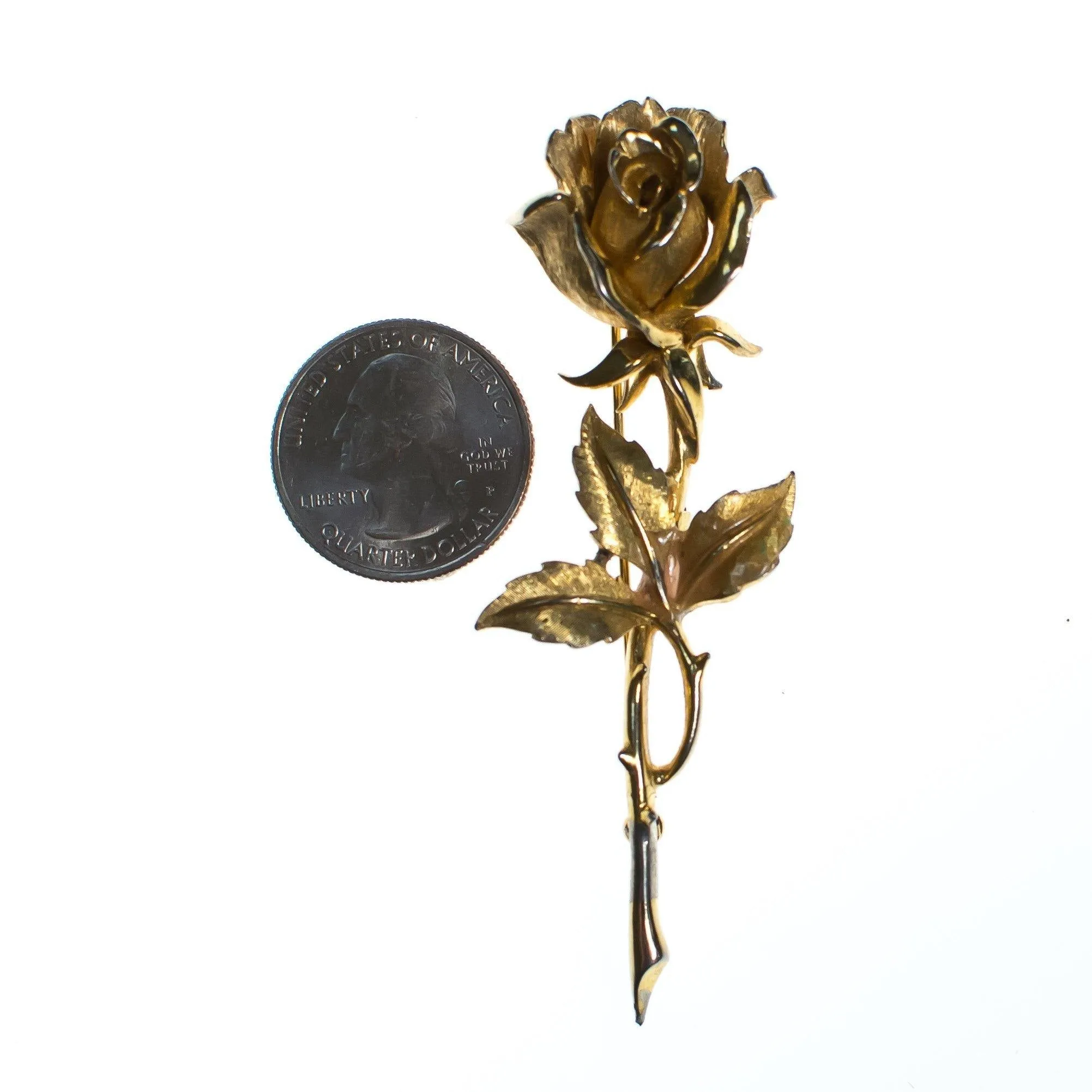 Vintage Boucher Long Stem Gold Rose Brooch, Gold Tone Setting, Brooches and Pins