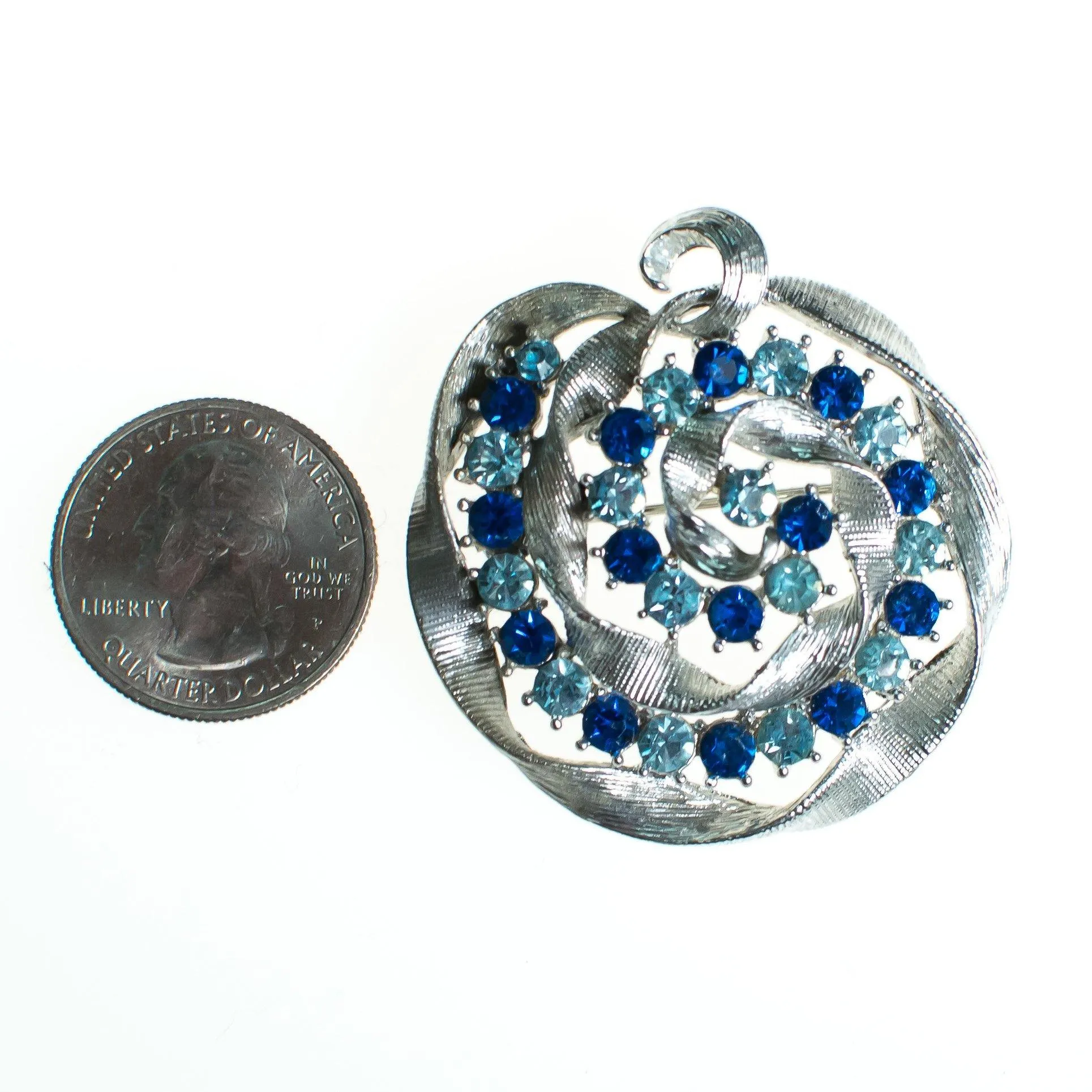 Vintage Brooch, Light Blue and Blue Rhinestones, Silver Tone Ribbon Setting, Brooches and Pins