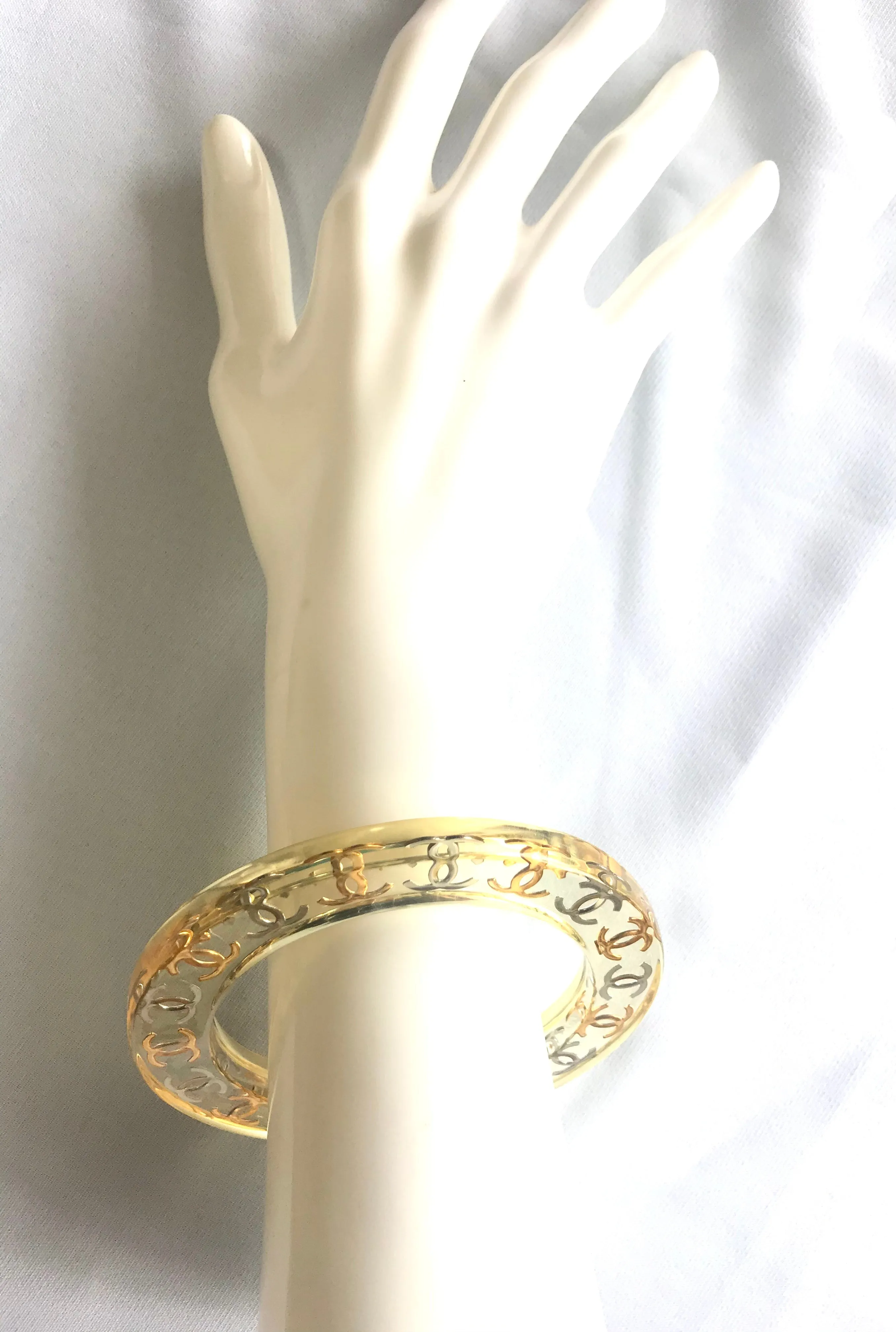 Vintage CHANEL resin bangle, bracelet with gold and silver CC marks. One of a kind jewelry piece. 050323re7