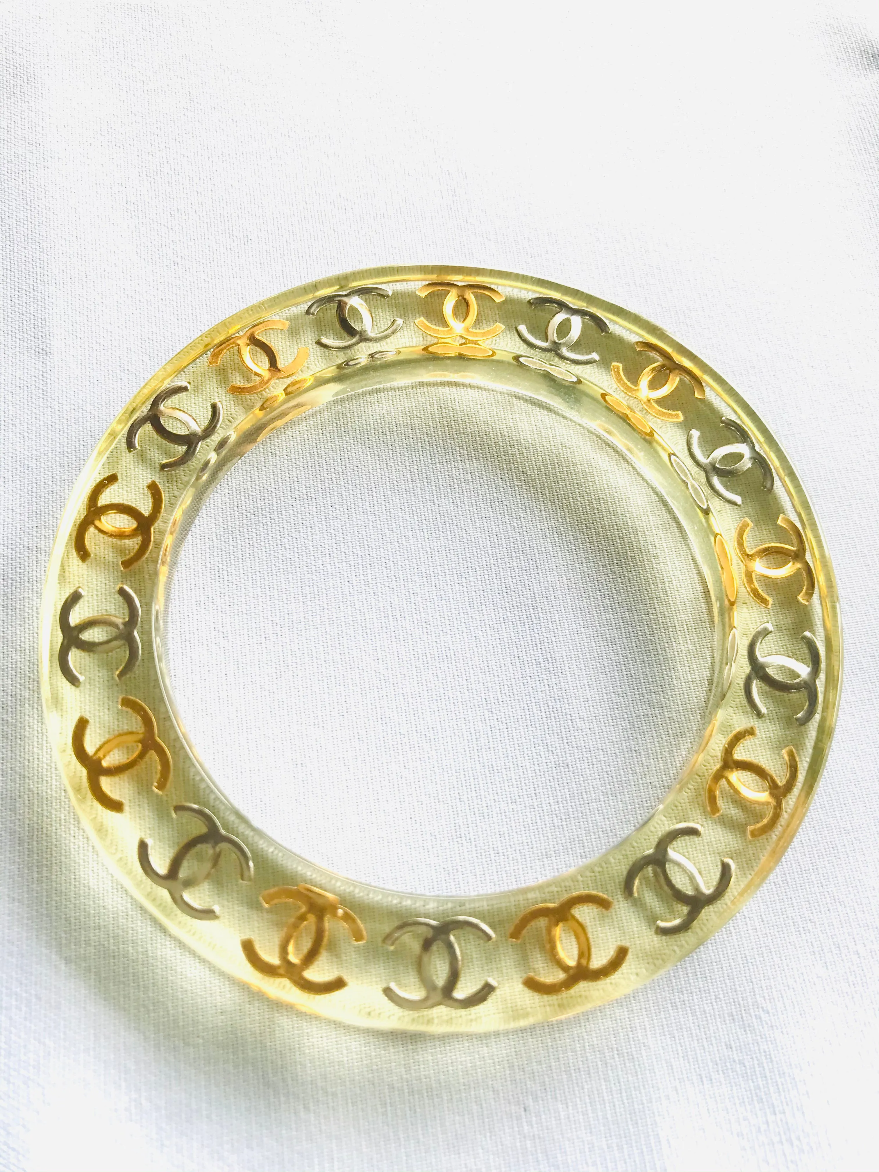 Vintage CHANEL resin bangle, bracelet with gold and silver CC marks. One of a kind jewelry piece. 050323re7