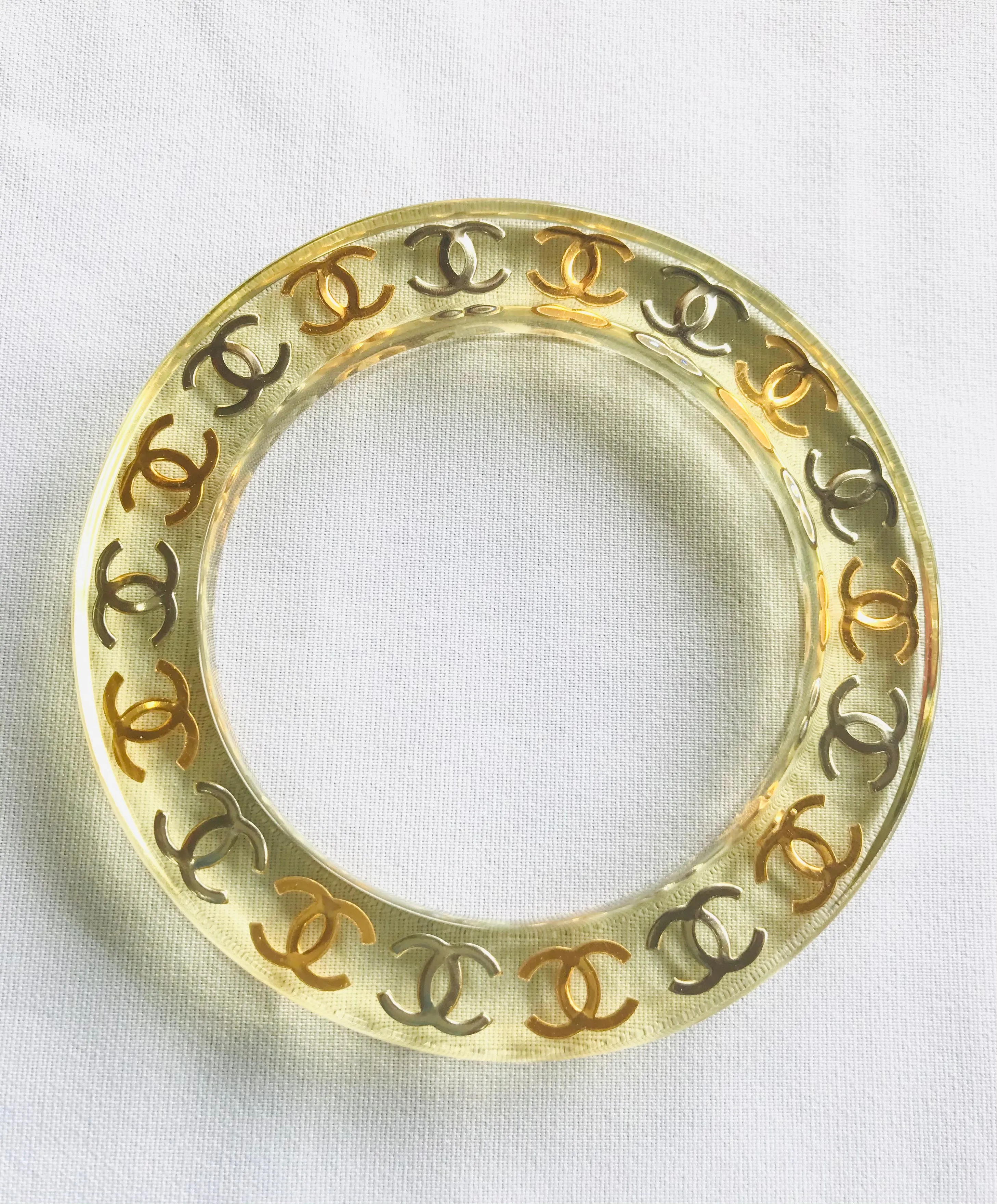 Vintage CHANEL resin bangle, bracelet with gold and silver CC marks. One of a kind jewelry piece. 050323re7
