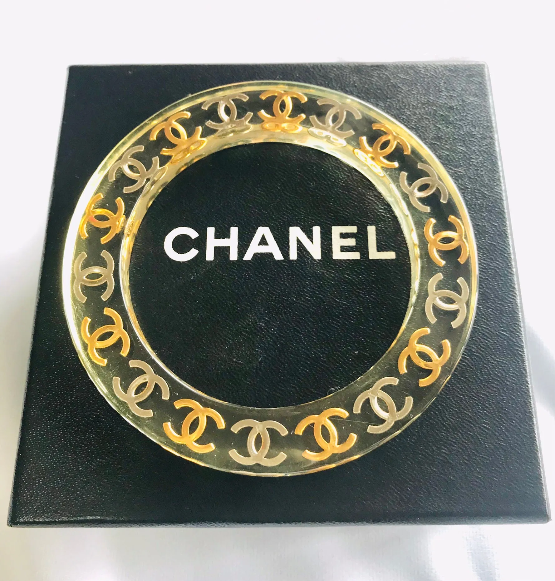Vintage CHANEL resin bangle, bracelet with gold and silver CC marks. One of a kind jewelry piece. 050323re7