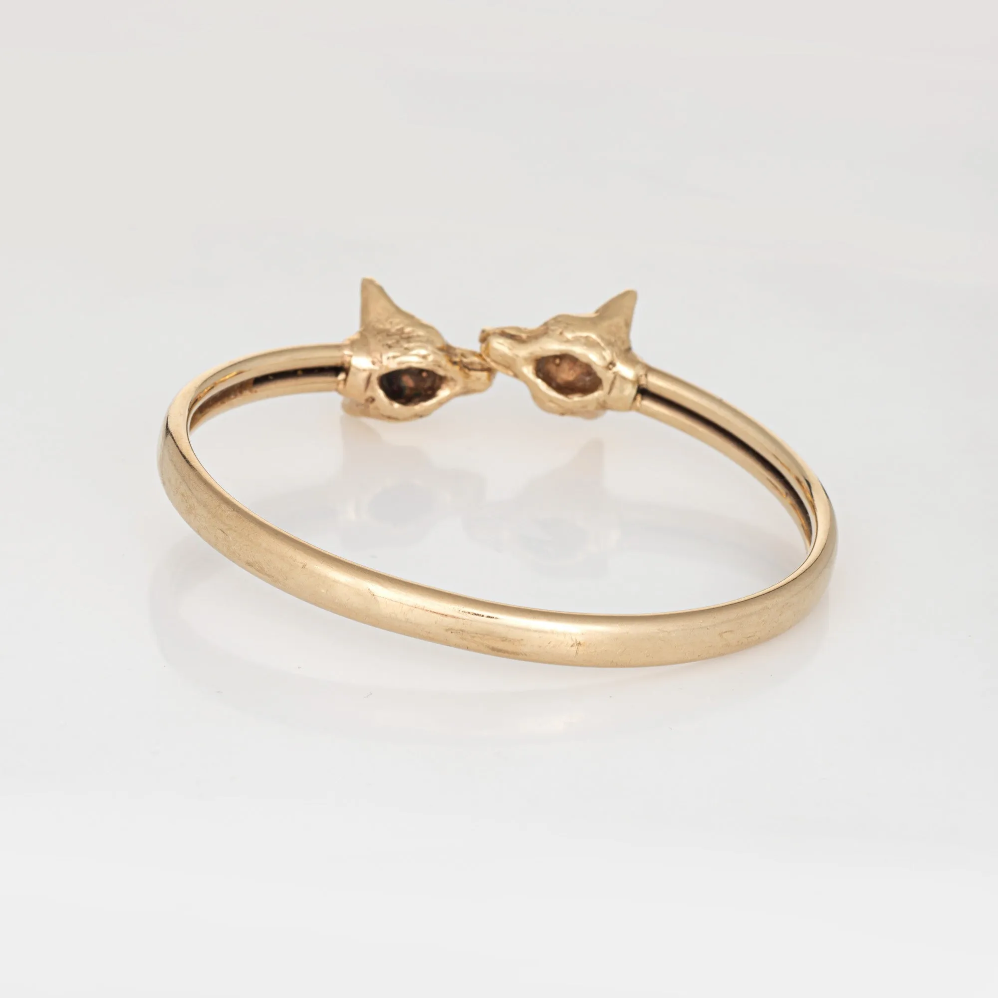 Vintage Double Fox Head Bangle Bracelet 14k Yellow Gold Bypass Estate Jewelry
