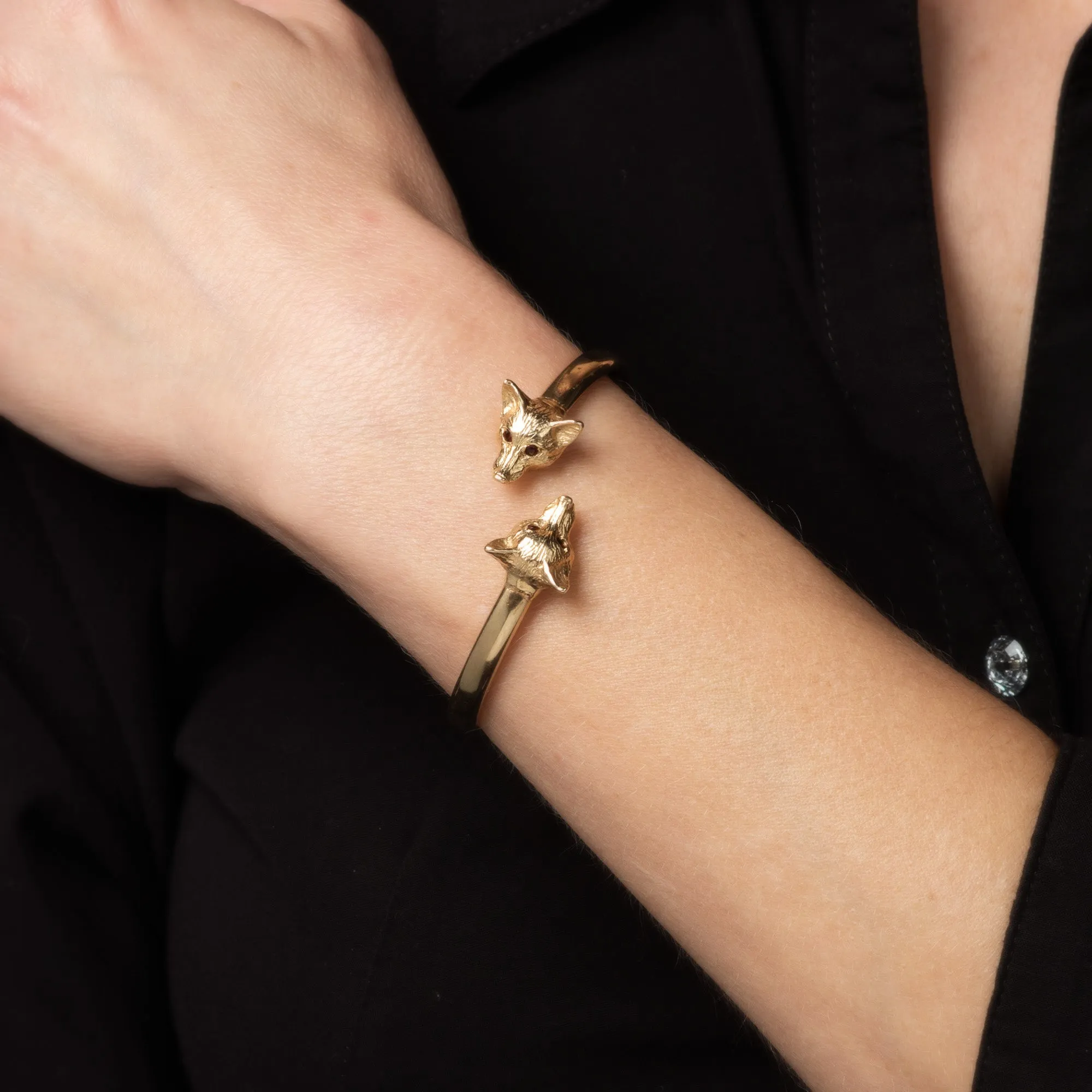 Vintage Double Fox Head Bangle Bracelet 14k Yellow Gold Bypass Estate Jewelry