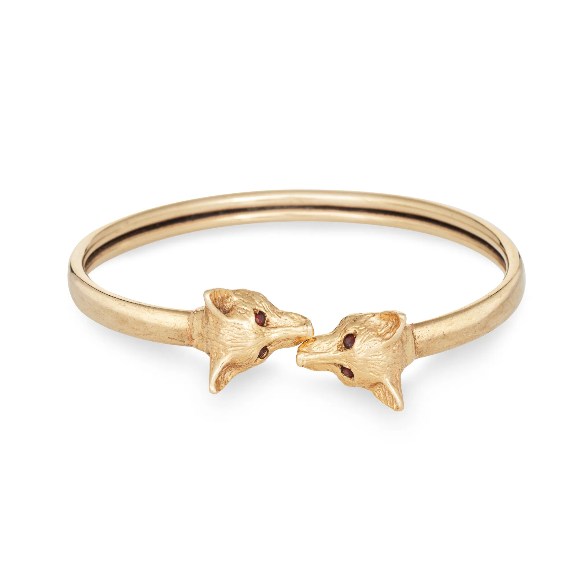 Vintage Double Fox Head Bangle Bracelet 14k Yellow Gold Bypass Estate Jewelry