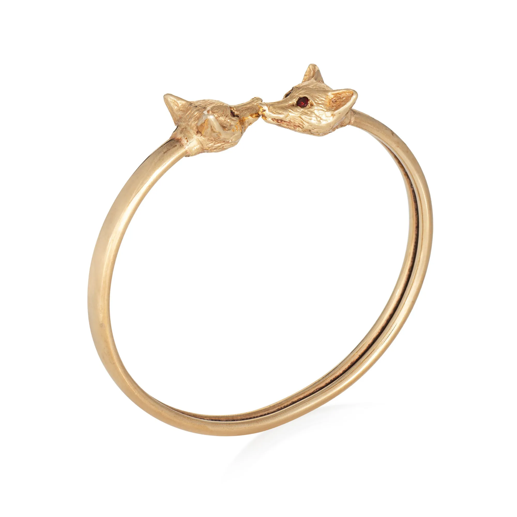Vintage Double Fox Head Bangle Bracelet 14k Yellow Gold Bypass Estate Jewelry