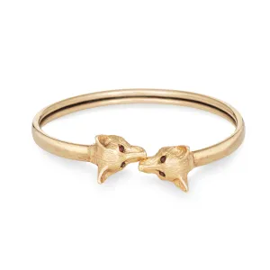 Vintage Double Fox Head Bangle Bracelet 14k Yellow Gold Bypass Estate Jewelry