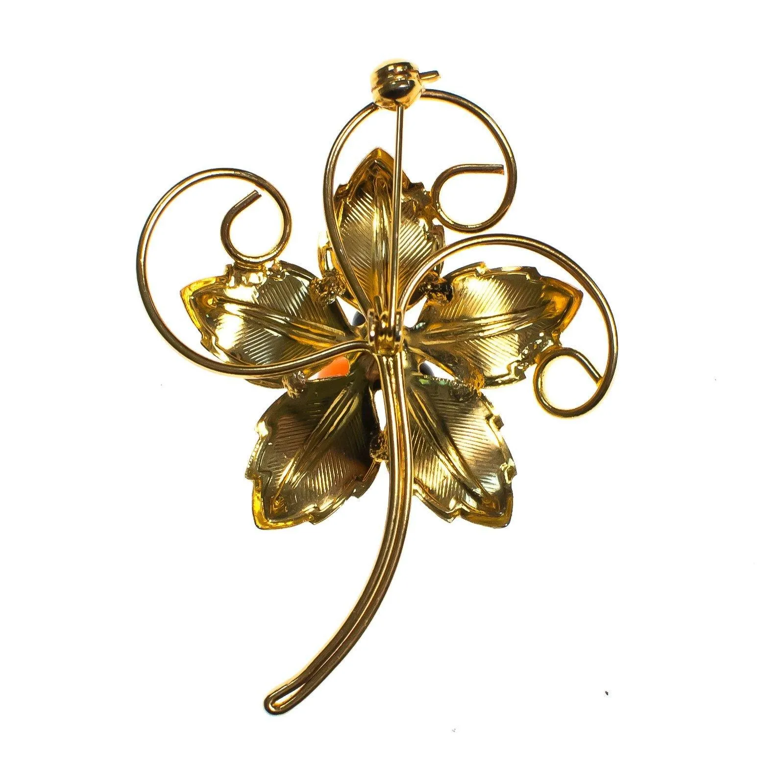 Vintage Flower White Lily Brooch, White Enamel, Black and Pink Lucite Beads, Gold Tone Setting, Brooches and Pins